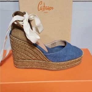 Castañer Carina Espadrille Blue Wedge Wrap Around Heels size 35